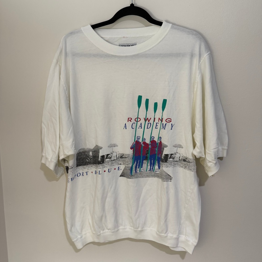 Vintage 1990 Newport Blue Rowing Academy Graphic T-Shirt White Banded Hem Mens